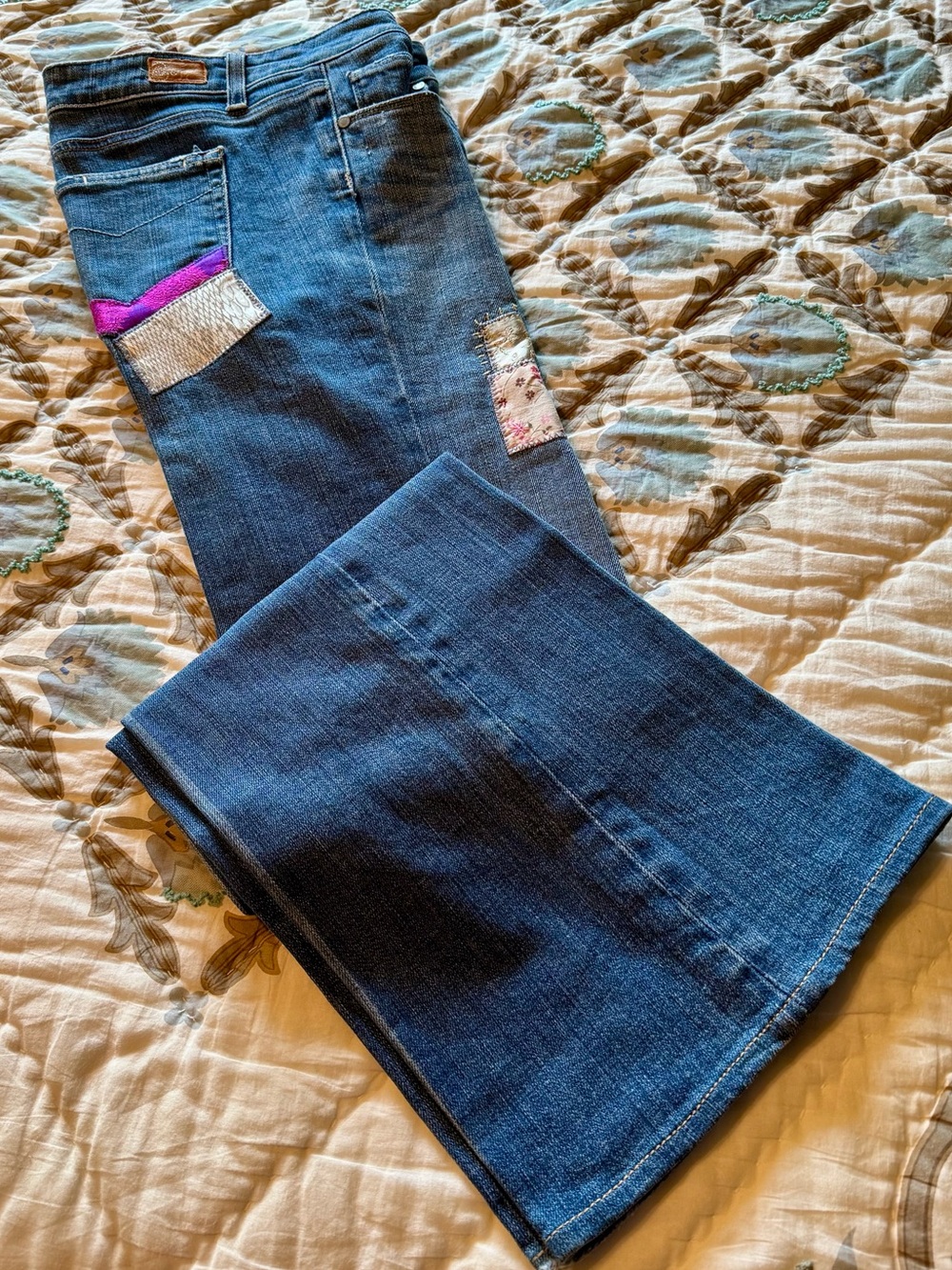 Paige Premium Vintage Blue Flare Cut Jeans with Pink & Cream Patch Details